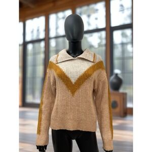 SHEIN‎ Beige Knit Sweater M, Cozy V Chevron Design, Soft Fall Winter Pullover